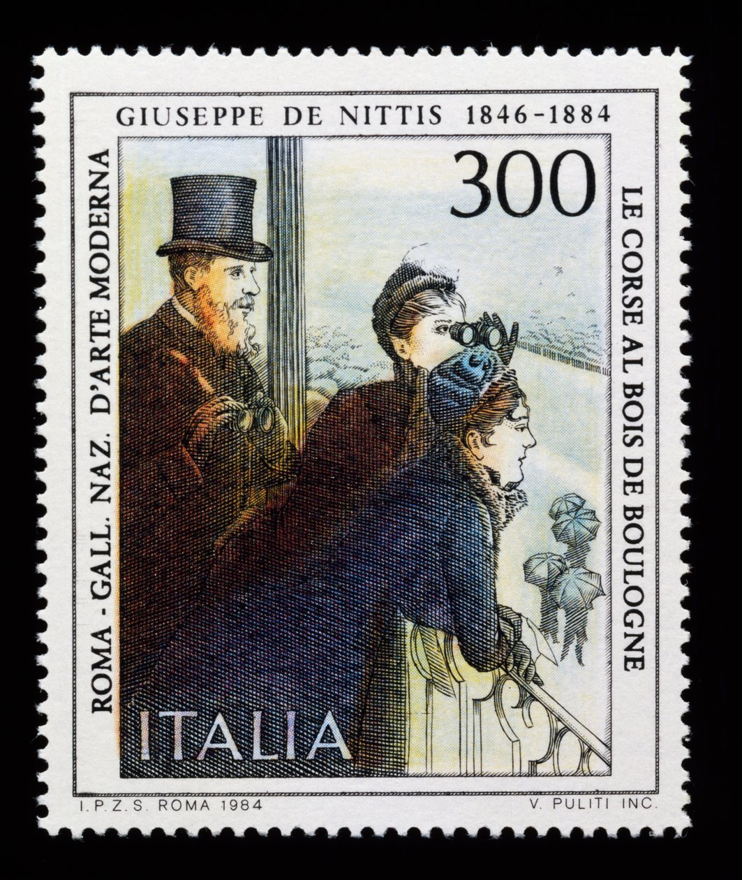Sello postal de la serie de arte italiano en honor a Giuseppe de Nittis, sello de 300 liras de Giuseppe or Joseph de Nittis