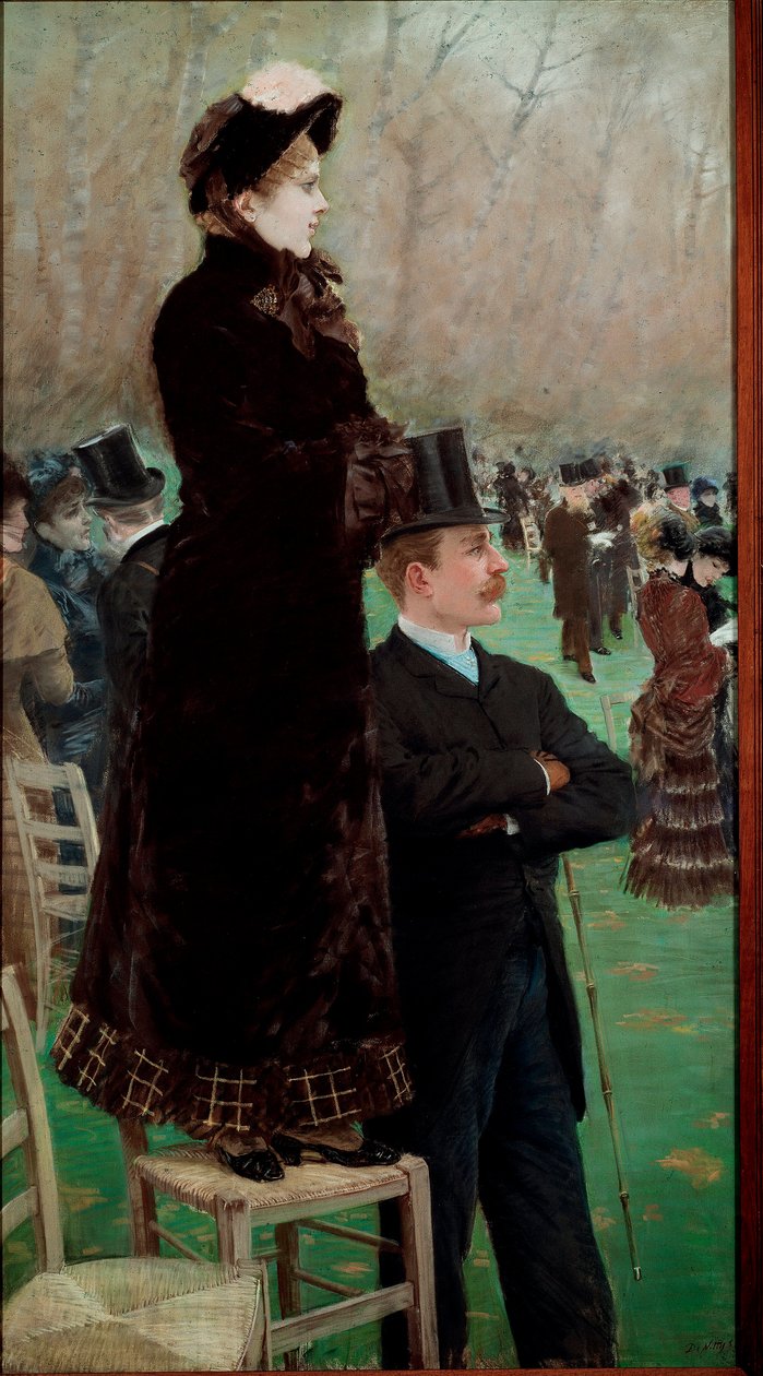 Las carreras en el Bois de Boulogne. Espectadores viendo carreras de caballos de Giuseppe or Joseph de Nittis