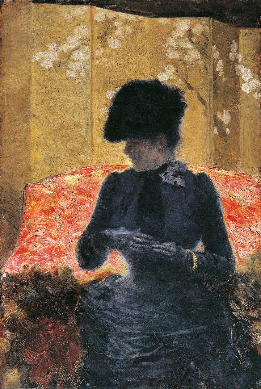 Mujer en sofá rojo de Giuseppe or Joseph de Nittis