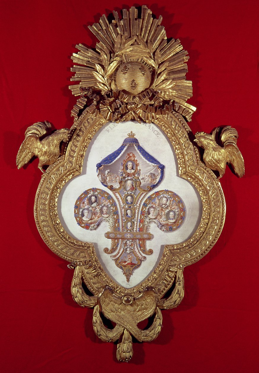 La Flor de Francia, árbol genealógico con trece retratos de Luis XV (1710-74) y sus descendientes en un marco con forma de flor de lis, 1765 (oro y esmalte) de Glokeur de Surchamps