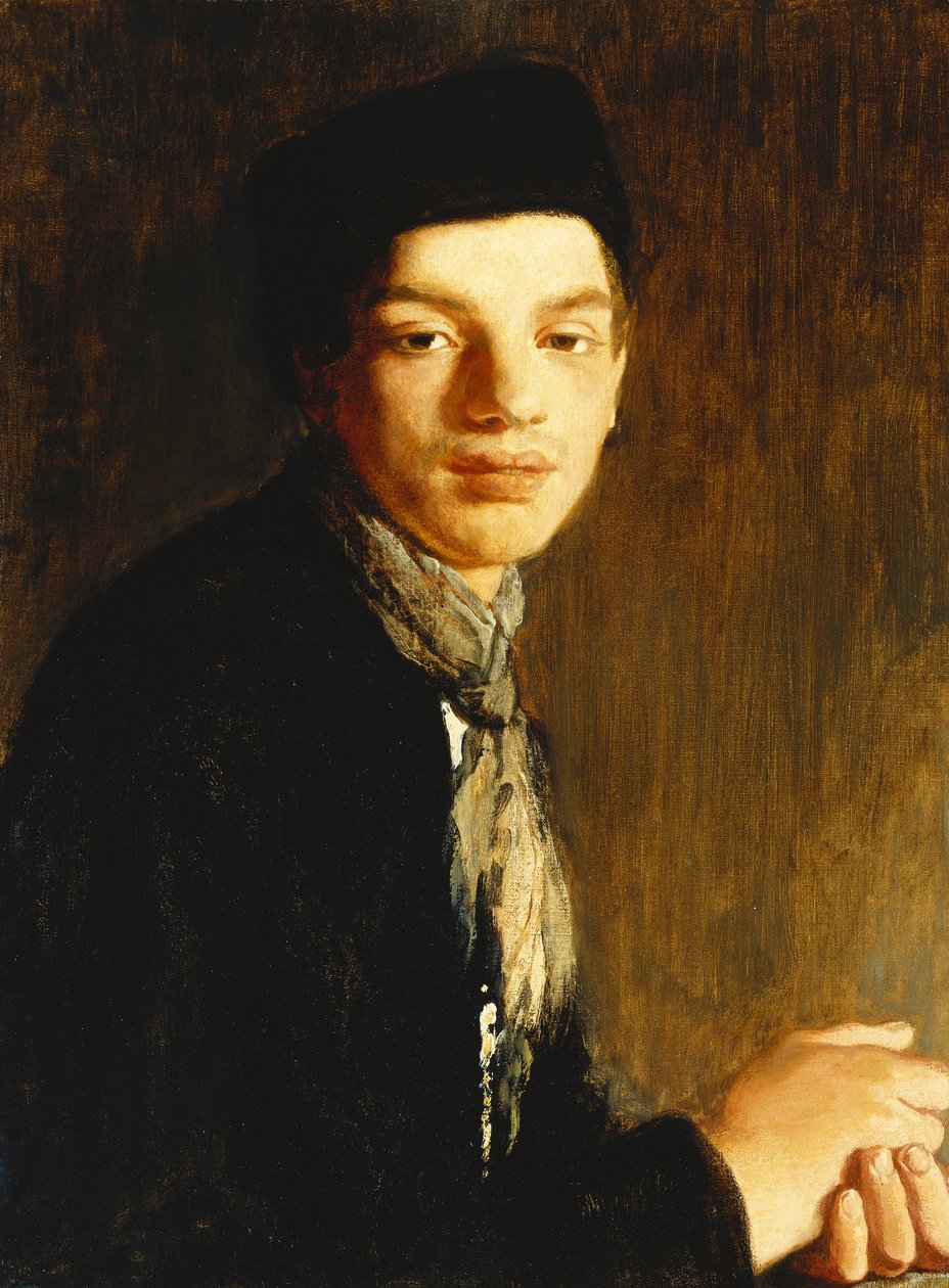 Un Joven, medio cuerpo, con un Sombrero Negro y una Bufanda, c. 1911 de Glyn Warren Philpot