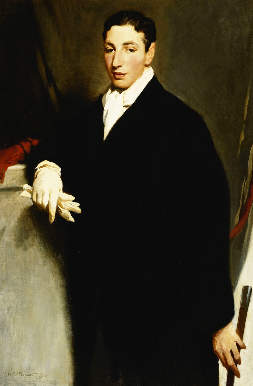 Retrato de Dennis Cohen, tres cuartos de longitud, vistiendo un abrigo negro y un guante blanco y sosteniendo un bastón de Glyn Warren Philpot