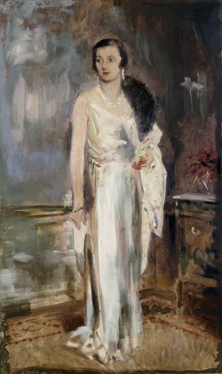 Retrato de Loelia, duquesa de Westminster, luego Lady Lindsay, pequeña longitud completa, en vestido de noche de Glyn Warren Philpot