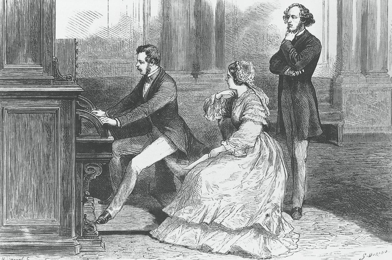 El príncipe Alberto de Sajonia tocando delante de la reina Victoria y Felix Mendelssohn Bartholdy (1809-1847), Grabado de Godefroy Durand