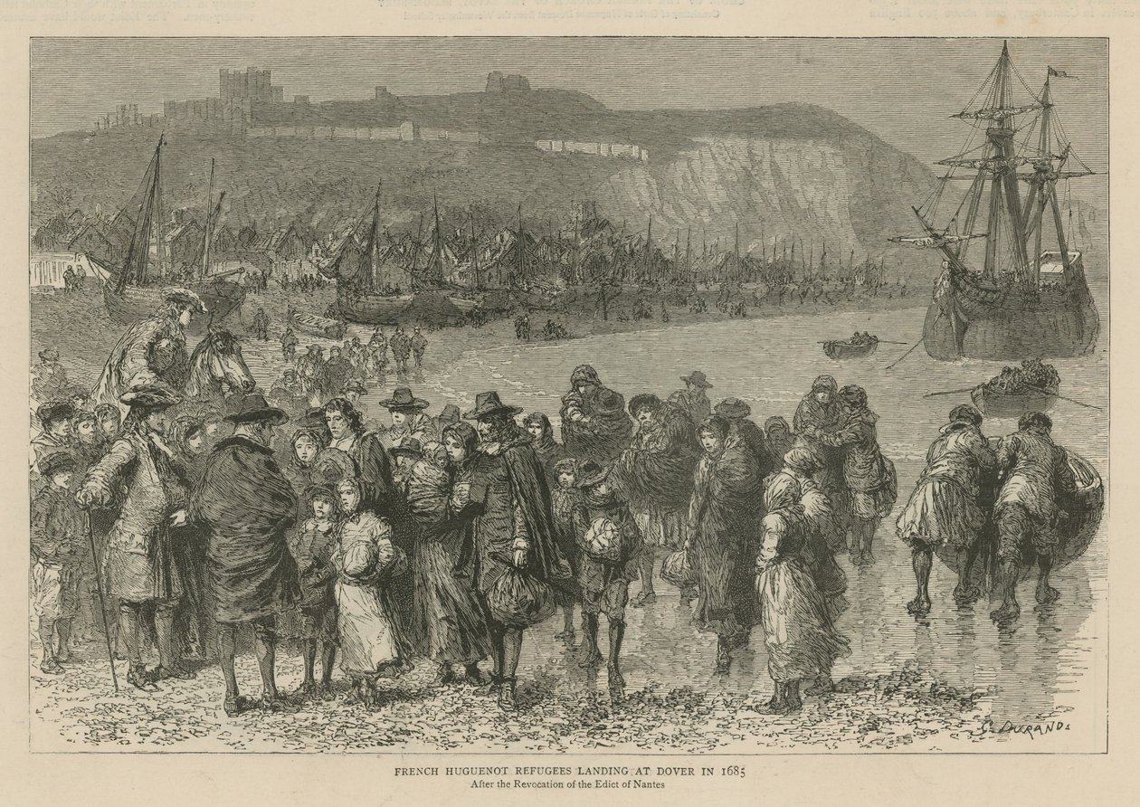 Los hugonotes en Inglaterra: Refugiados hugonotes franceses desembarcando en Dover en 1685 (grabado) de Godefroy Durand