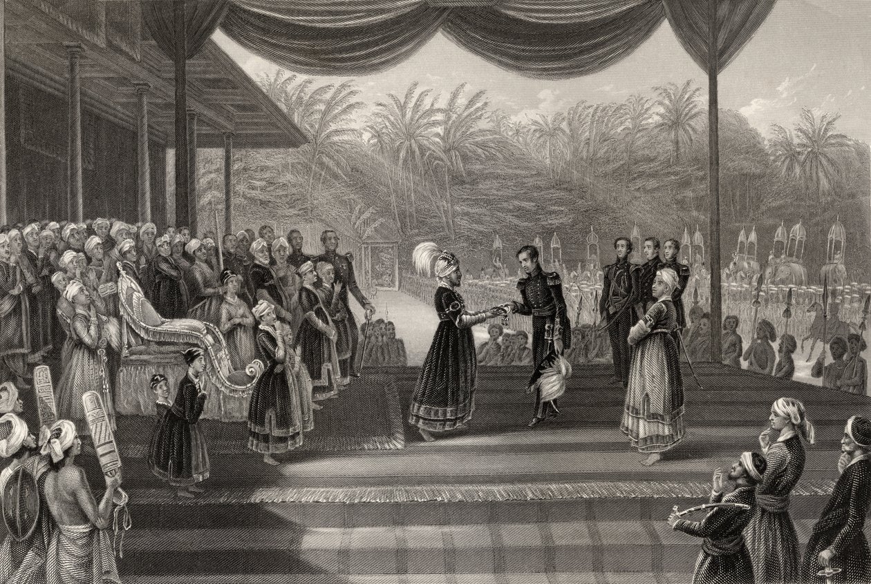 Durbar del Rajá de Travancore, recepción del General Outram y su personal de Godfrey