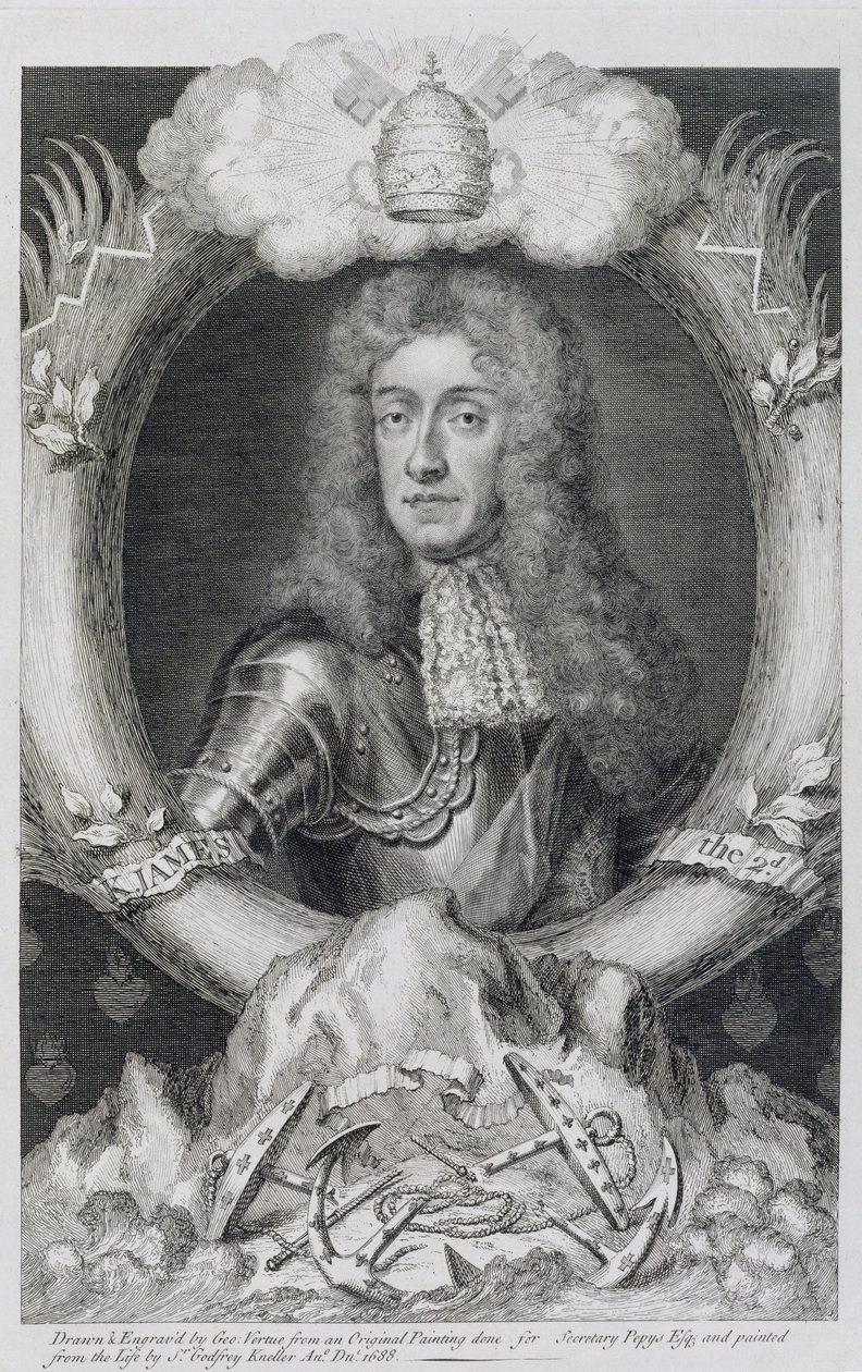 Retrato de James VII de Escocia, II de Inglaterra (1633-1701) grabado por George Vertue (1684-1756) de Godfrey Kneller