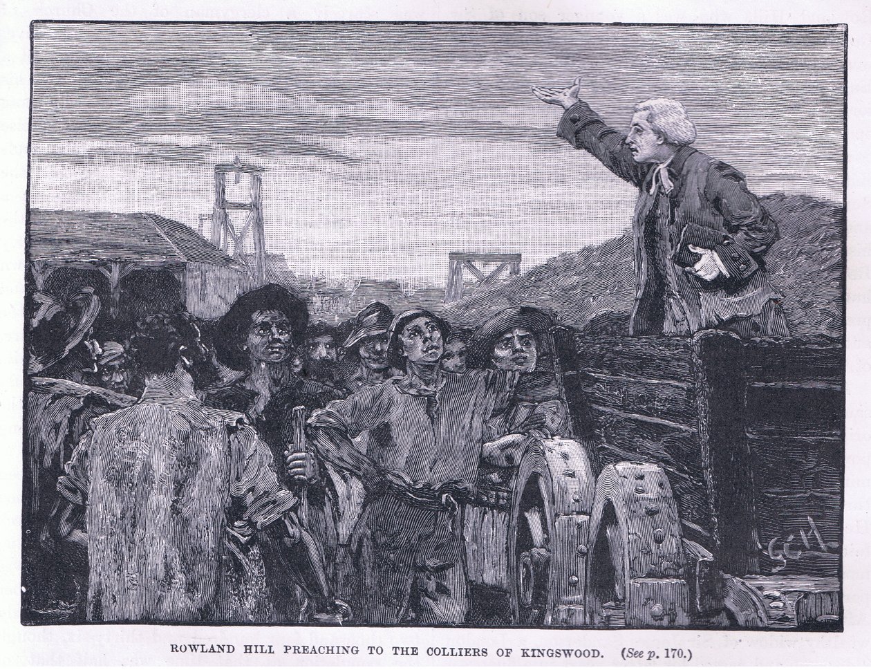 Rowland Hill predicando a los mineros en Kingswood de Godfrey C. Hindley