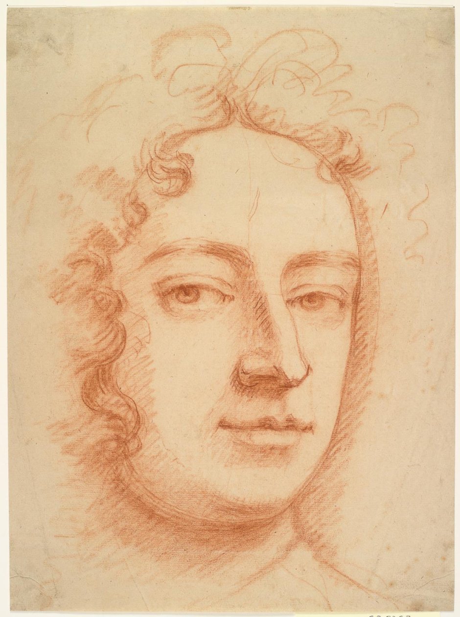 Rostro de un hombre, tres cuartos, mirando directamente al espectador, posiblemente un autorretrato de Godfrey Kneller