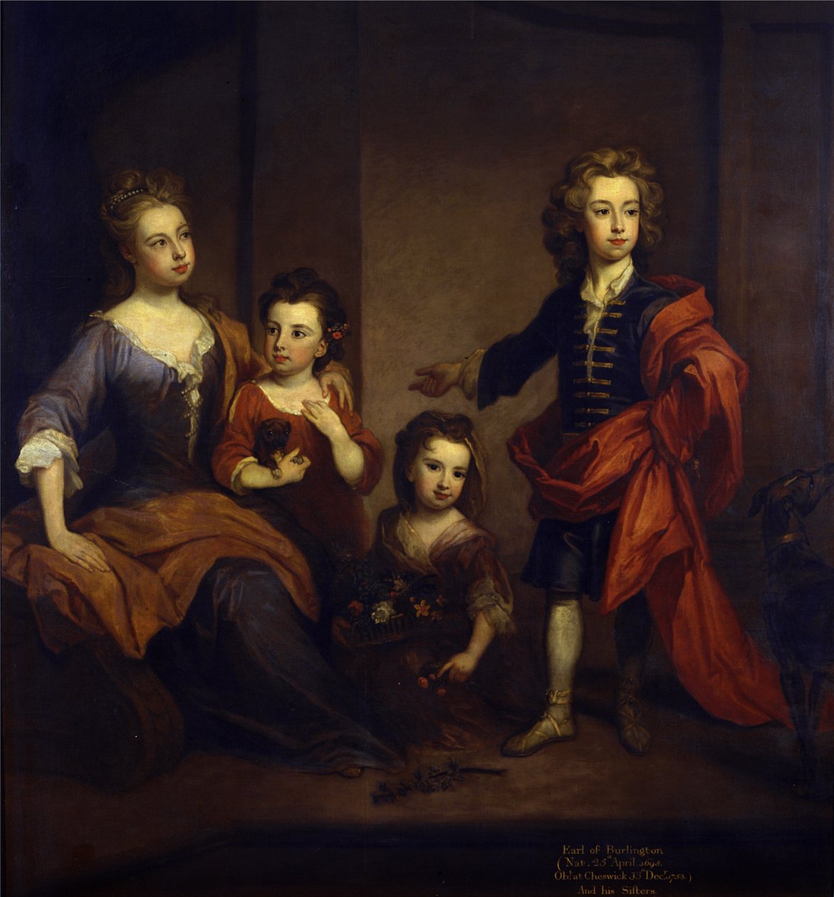 Retrato de Richard Boyle, 3º conde de Burlington, con sus tres hermanas, Elizabeth, Juliana y Jane Boyle, c.1700 de Godfrey Kneller