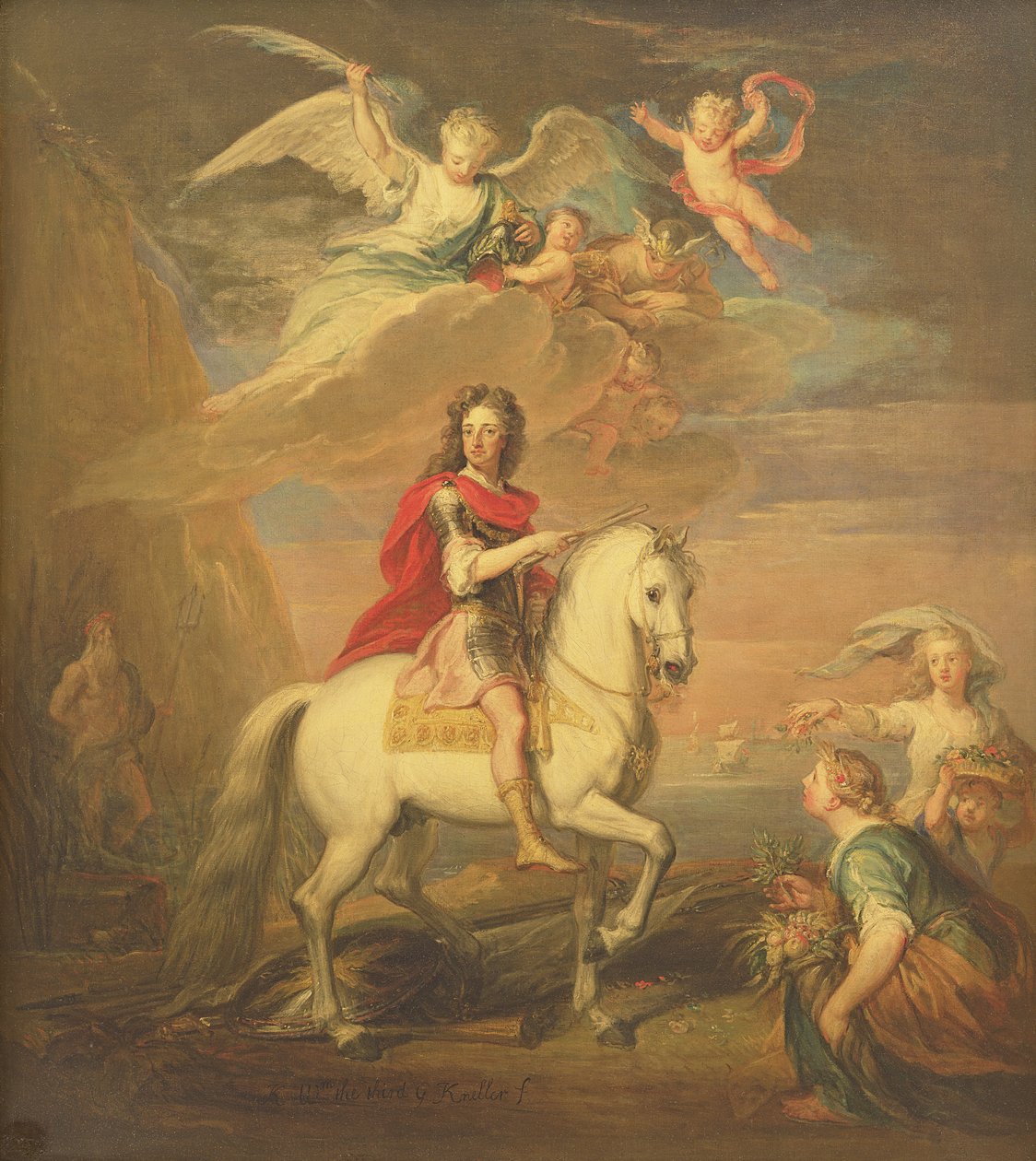 Guillermo III en un caballo gris observado por Neptuno, Ceres y Flora. Mercurio en el cielo y Astrea de Godfrey Kneller