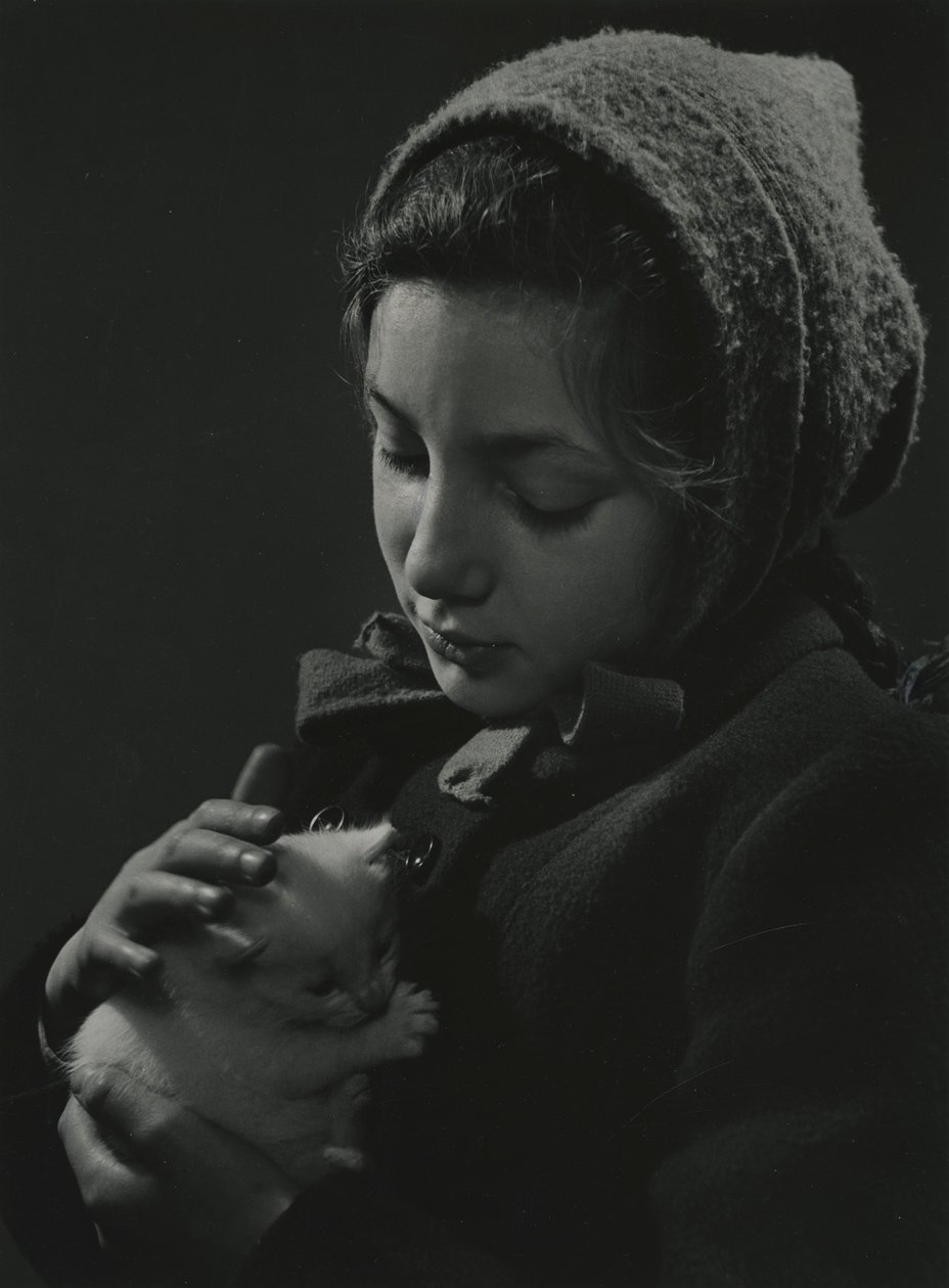 Niña con un gatito blanco en brazos. Principios de los años 50 de Godfrey Macdominic