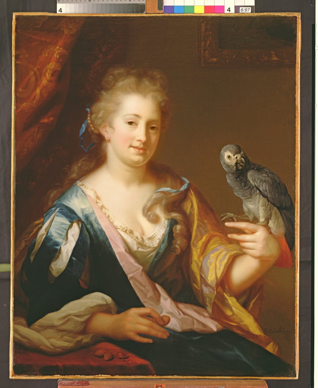 Retrato de una dama alimentando a un loro de Godfried Schalcken