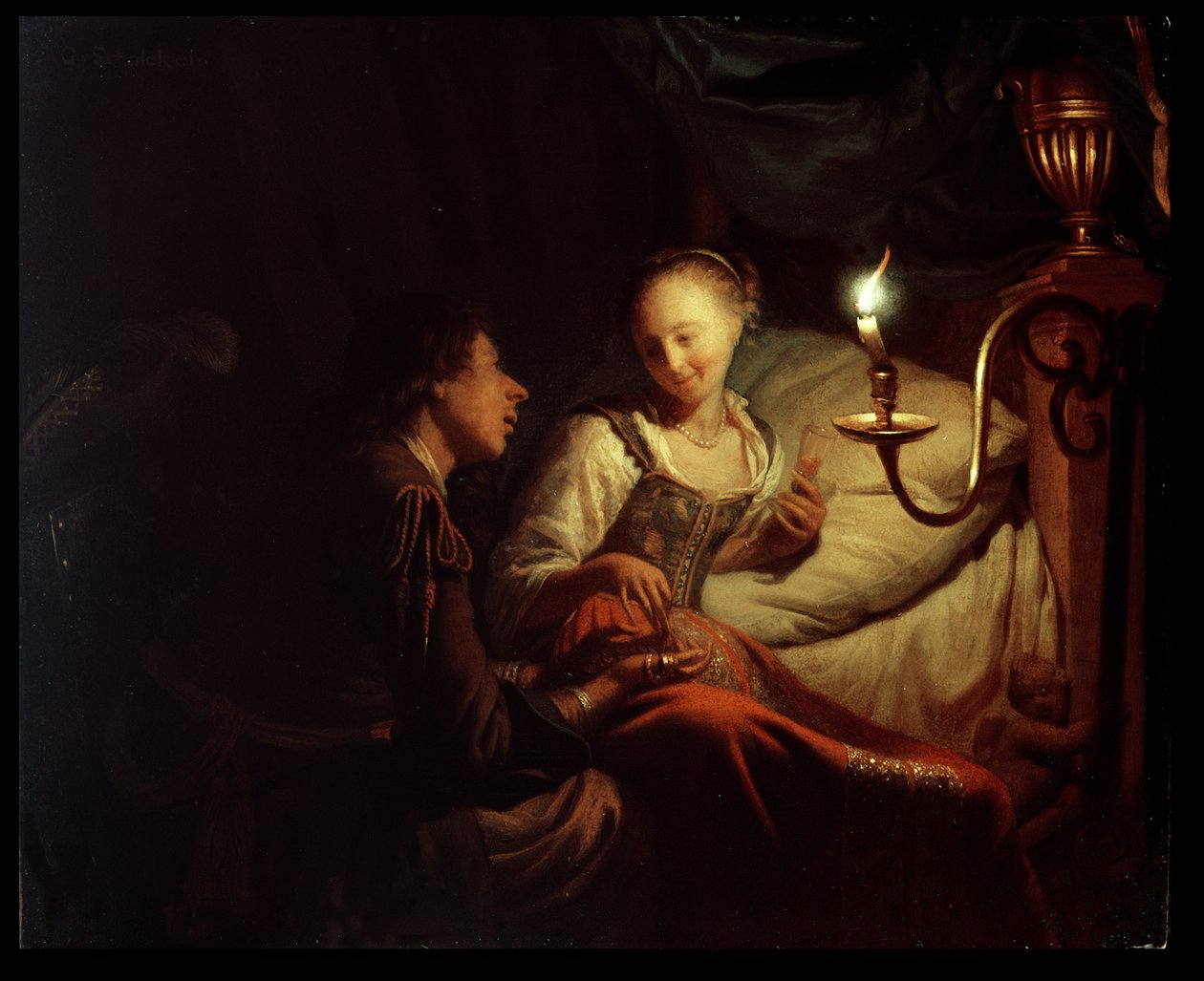 Escena a la luz de las velas: un hombre ofreciendo una cadena de oro y monedas a una chica sentada en una cama de Godfried Schalcken