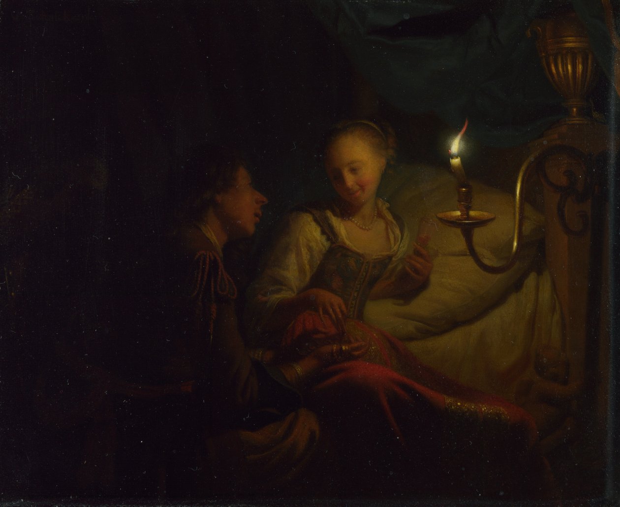 Escena a la luz de las velas. Un hombre ofreciendo una cadena de oro y monedas a una chica sentada en una cama, ca. 1665-1667 de Godfried Cornelisz Schalcken