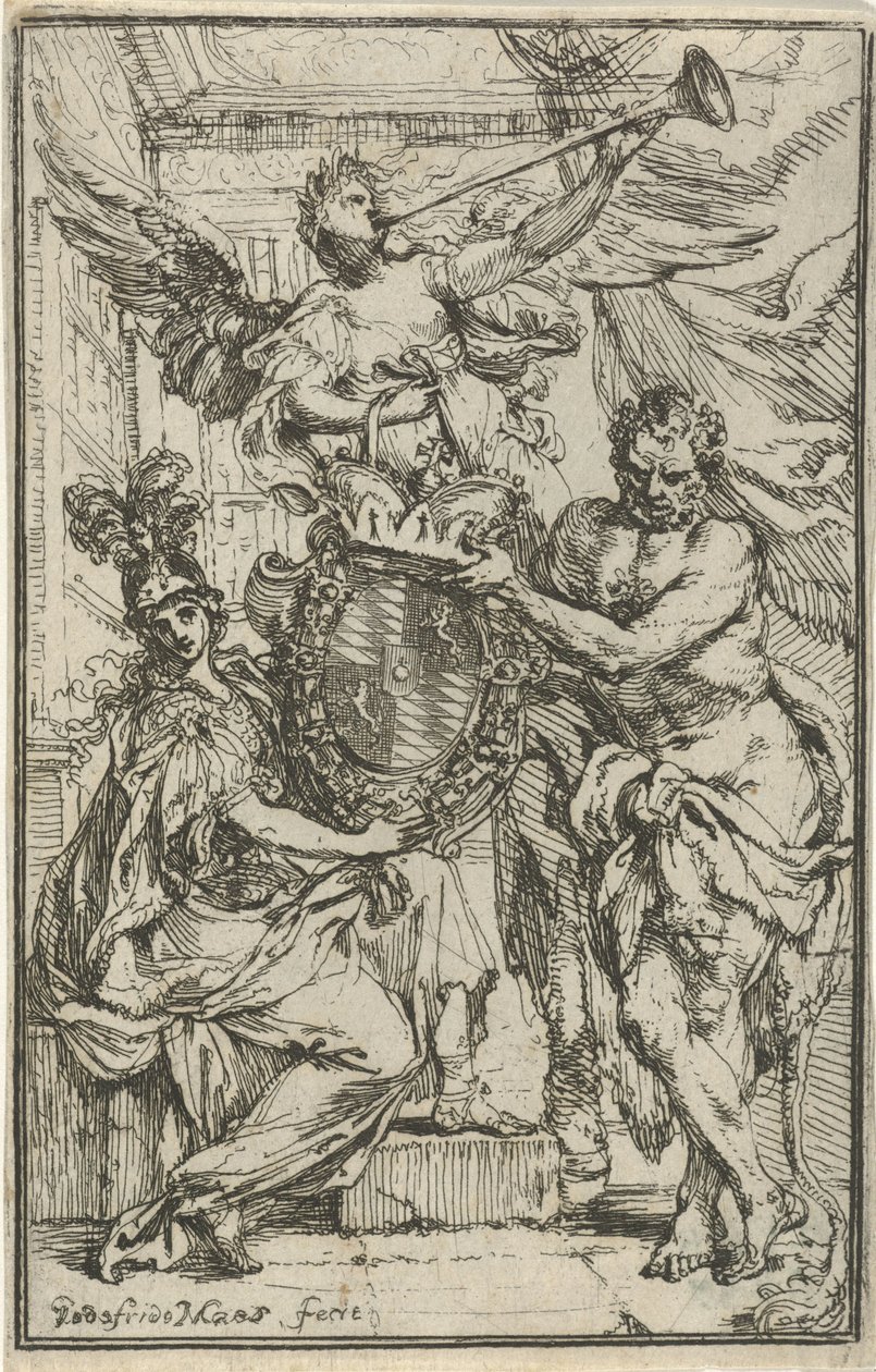 Minerva, Hércules y Fama con escudo de armas de Godfried Maes
