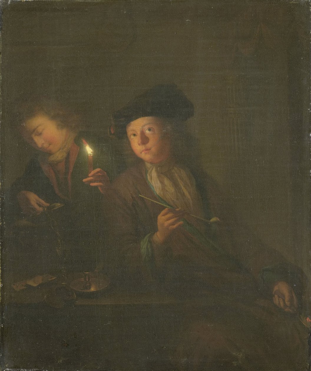 El fumador (un hombre con una pipa y un hombre sirviendo una bebida en un vaso) de Godfried Schalcken (attributed to)