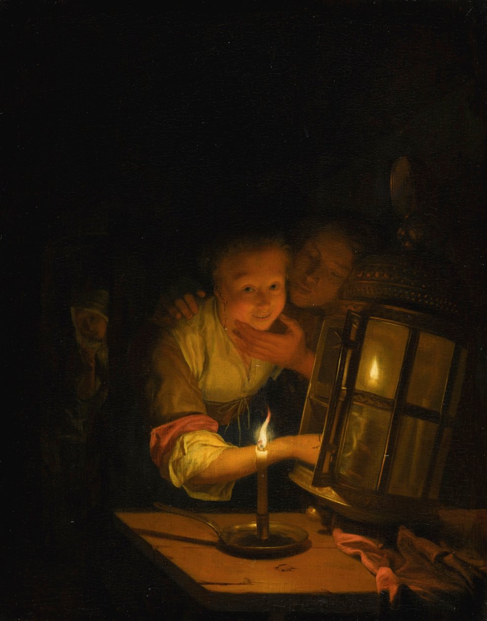 Una pareja amorosa sorprendida encendiendo un farol de Godfried Schalcken