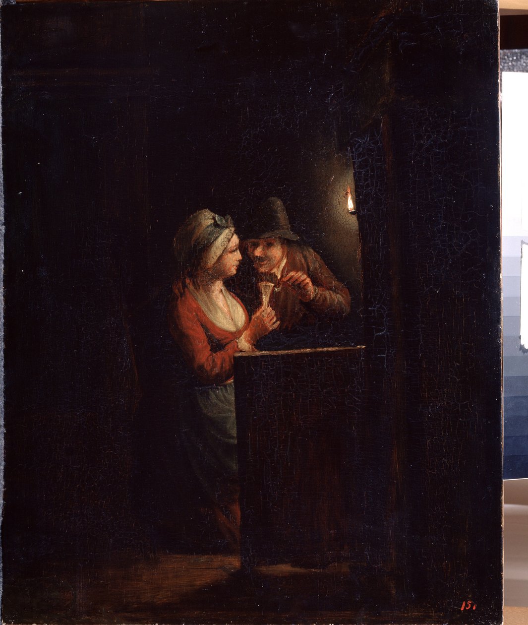 Un hombre y una mujer a la luz de las velas. Pintura de Godfried Cornelisz Schalcken (1643-1706). Óleo sobre lienzo, 31 x 25 cm. Arte holandés, arte barroco. Museo Estatal al Aire Libre Palace Gatchina, San Petersburgo. de Godfried Schalcken