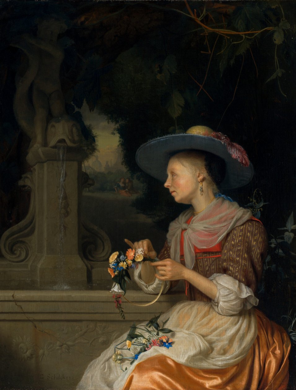 Mujer Tejiendo una Corona de Flores de Godfried Schalcken