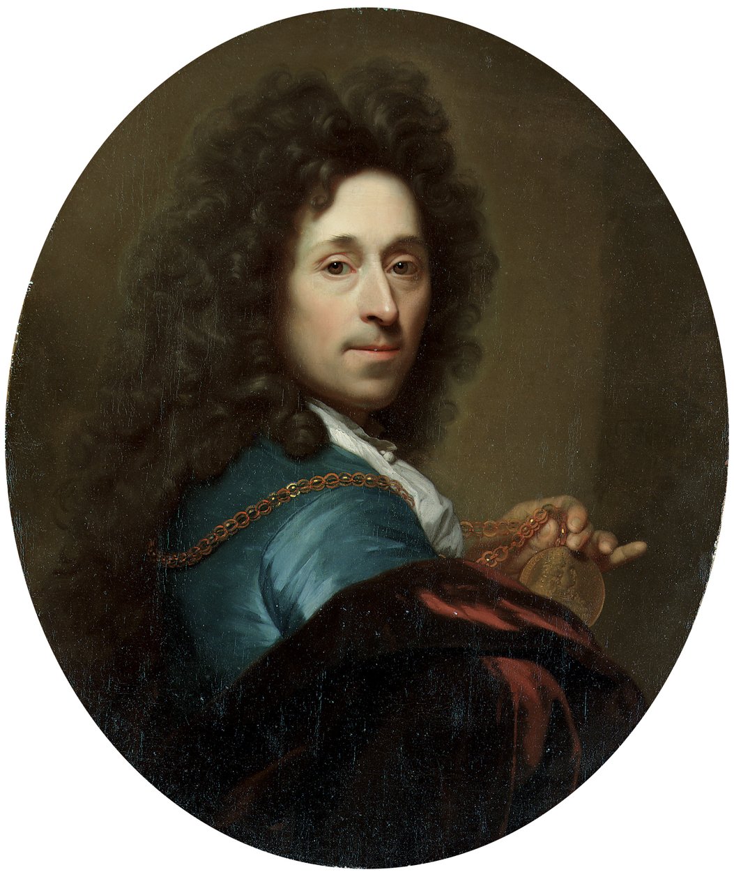 Retrato del artista con un abrigo azul y una capa de terciopelo marrón, con un medallón del Elector Palatino, Johann Wilhelm de Godfried Schalcken