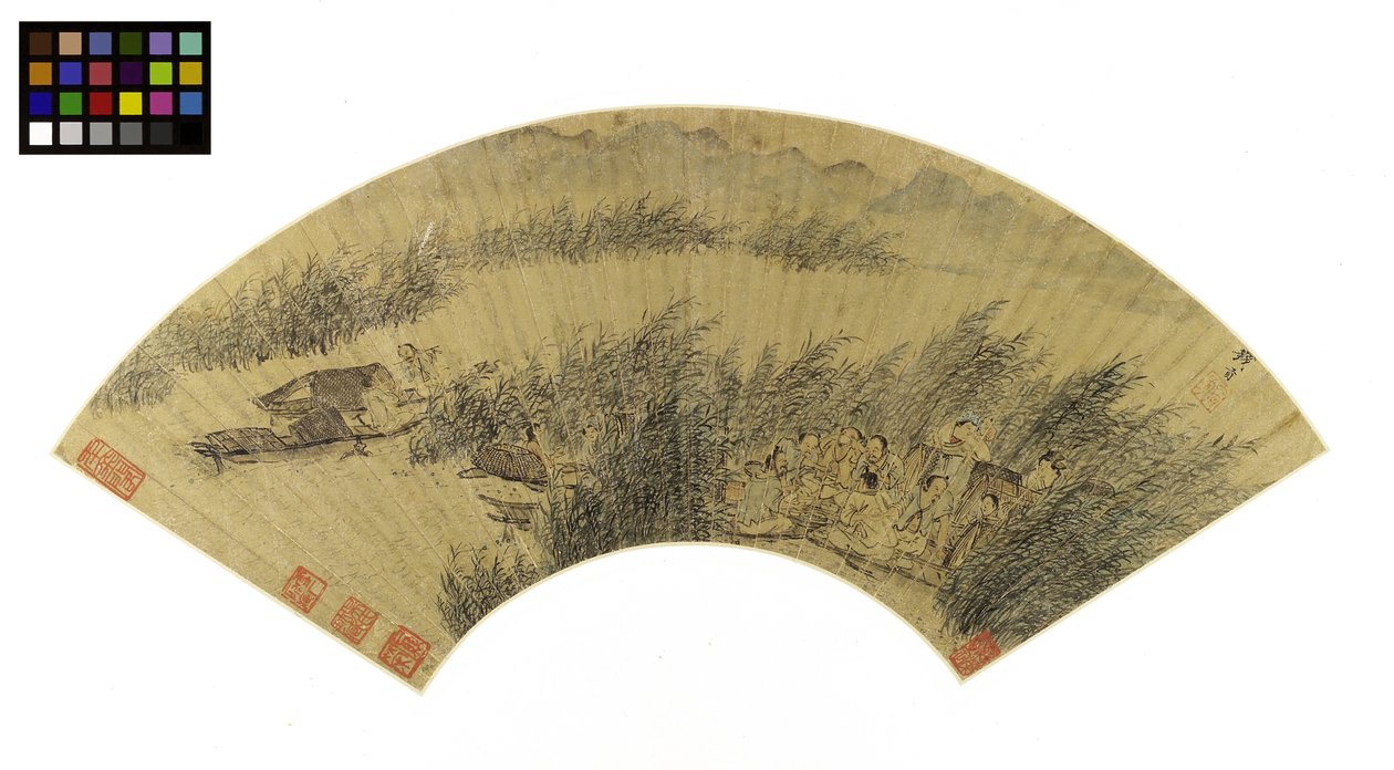 Pescadores en botes, festejando en la orilla de un río, finales del siglo XVI-principios del XVII de Gong Qian
