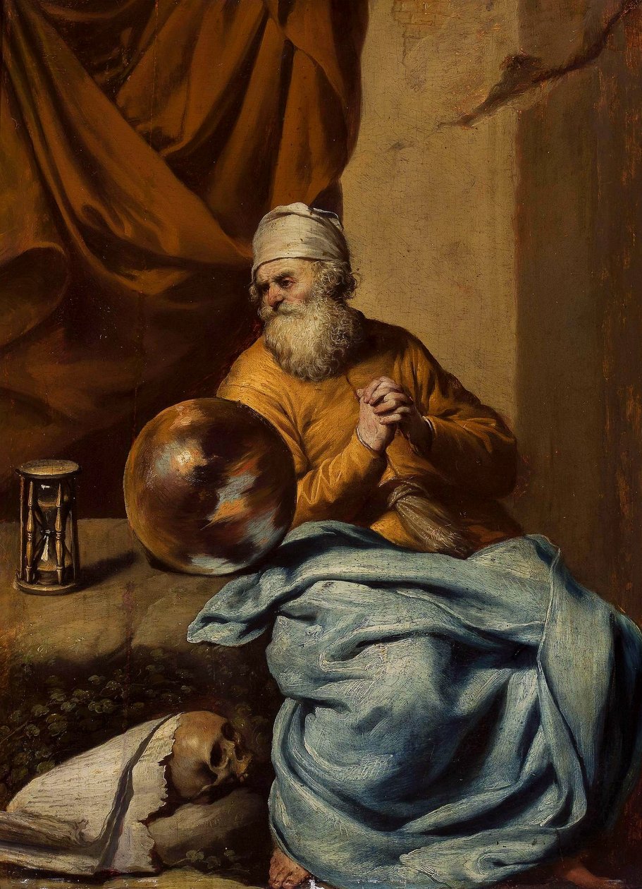 Anciano con una esfera, un reloj de arena, una calavera y libros (¿Vanitas) de Gonzales Coques