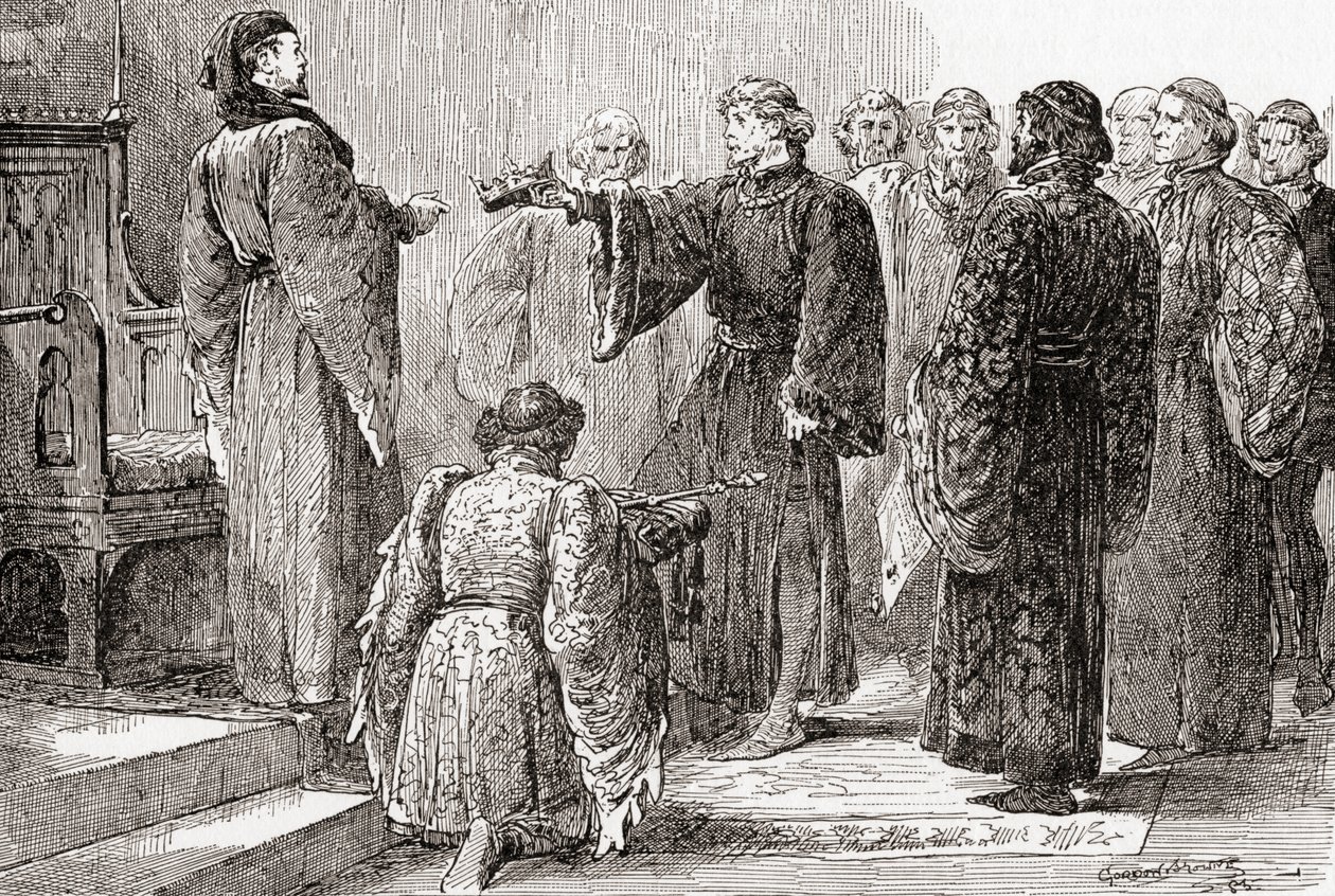 Una escena de la obra de William Shakespeare Rey Ricardo II, Acto IV, Escena 1, Rey Ricardo: Aquí, primo, toma la corona, de Las Obras de William Shakespeare, publicado 1896 de Gordon Frederick Browne