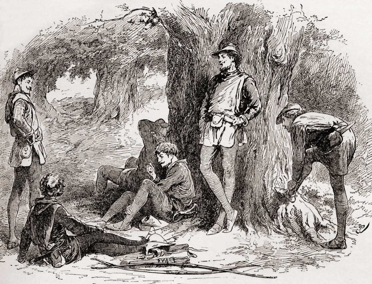 Una escena de la obra de William Shakespeare Como Gustéis, Acto II, Escena 5, Amiens: Bajo el árbol verde quien ama acostarse conmigo, y convertir su alegre nota en la garganta del dulce pájaro. Ven aquí, ven, de Las Obras de William Shakespeare de Gordon Frederick Browne