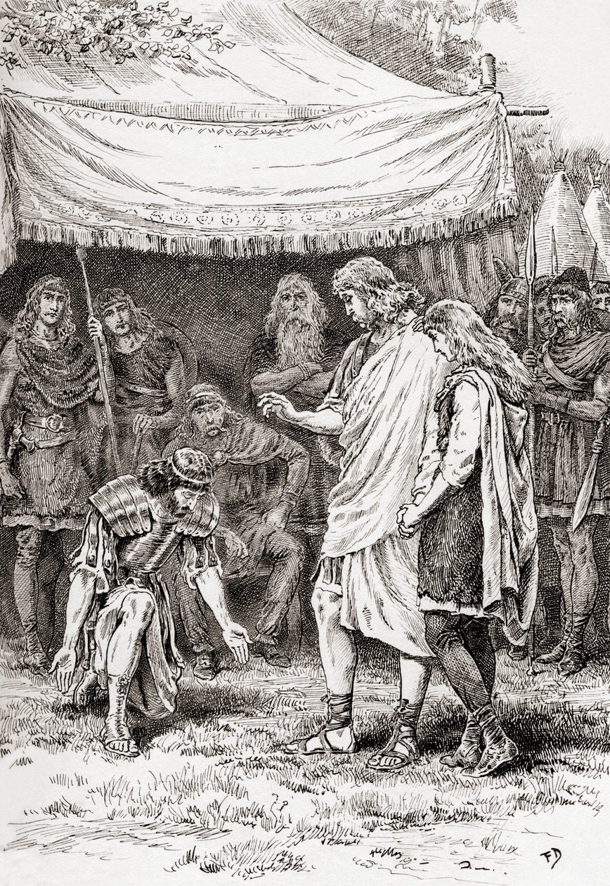 Una escena de la obra de William Shakespeare Cimbelino, Acto V, Escena 5, Posthumus Leonatus: No te arrodilles ante mí. El poder que tengo sobre ti es perdonarte, de Las obras de William Shakespeare, publicada en 1896 de Gordon Frederick Browne