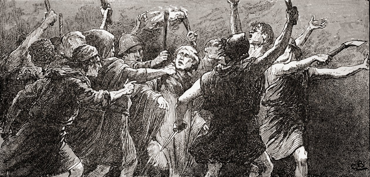 Una escena de la obra de William Shakespeare Julio César, Acto III, Escena 3, Tercer ciudadano: Desgárrenlo, desgárrenlo, de Las Obras de William Shakespeare, publicado 1896 de Gordon Frederick Browne