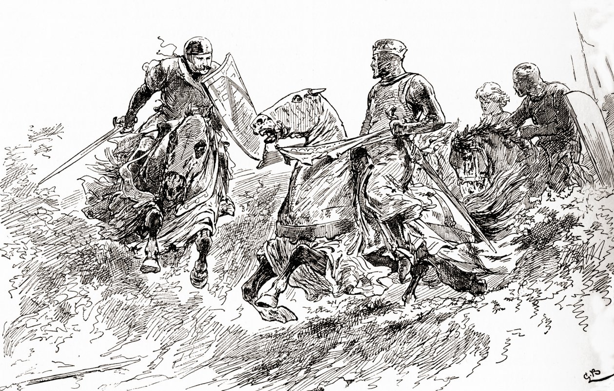 Una escena de la obra de William Shakespeare Rey Juan, Acto III, Escena 2, Rey Juan: Felipe, prepárate. Mi madre está asediada en nuestra tienda, y temo que la han tomado, de Las Obras de William Shakespeare, publicado 1896 de Gordon Frederick Browne