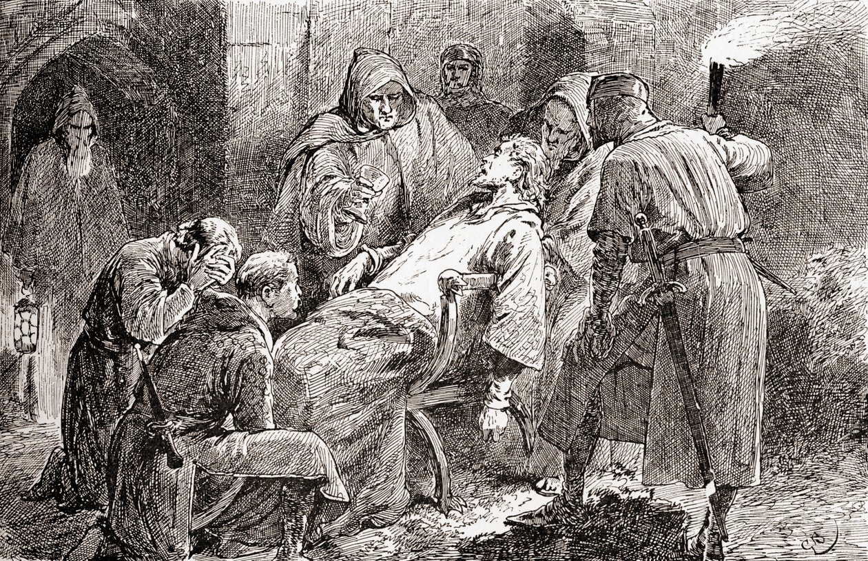 Una escena de la obra de William Shakespeare Rey Juan, Acto V, Escena 7, Rey Juan: Envenenado, mal destino, muerto, abandonado, desechado, de Las Obras de William Shakespeare, publicado 1896 de Gordon Frederick Browne