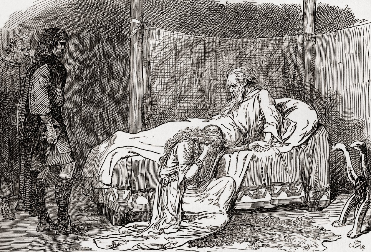 Una escena de la obra de William Shakespeare Rey Lear, Acto IV, Escena 7, Lear: Te ruego, no llores. Si tienes veneno para mí, lo beberé. Sé que no me amas, porque tus hermanas tienen, como recuerdo de Gordon Frederick Browne