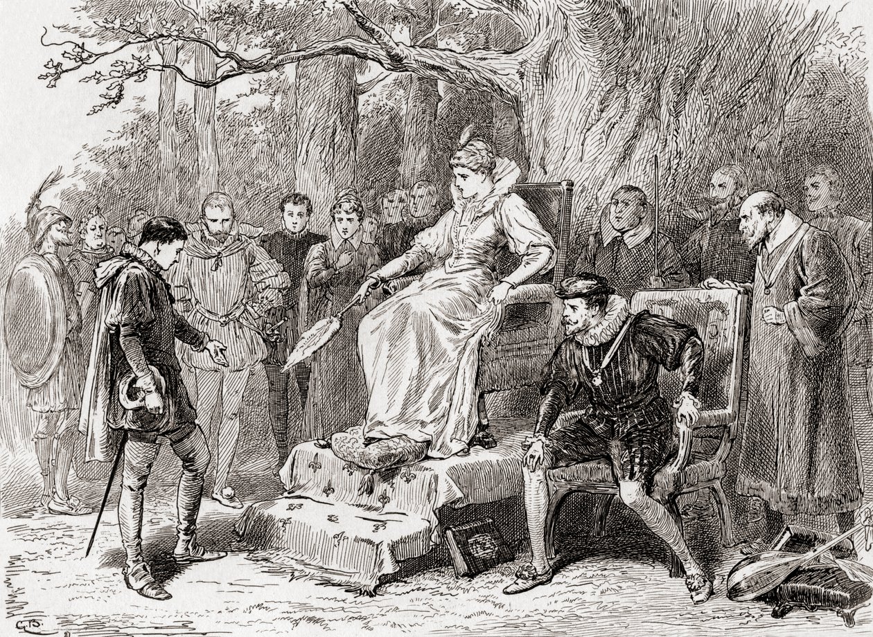 Una escena de la obra de William Shakespeare Trabajos de amor perdidos, Acto V, Escena 2, Mercade: Lo siento, señora; las noticias que traigo son pesadas en mi lengua, de Las obras de William Shakespeare, publicado en 1896 de Gordon Frederick Browne