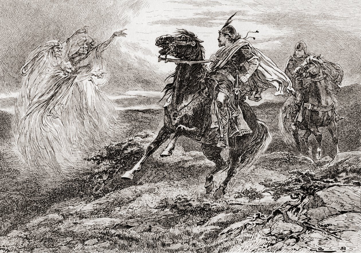 Una escena de la obra de William Shakespeare Macbeth, Acto I, Escena 3, Primera Bruja: ¡Salve, Macbeth! ¡Salve a ti, Thane de Glamis!, de Las Obras de William Shakespeare, publicado 1896 de Gordon Frederick Browne