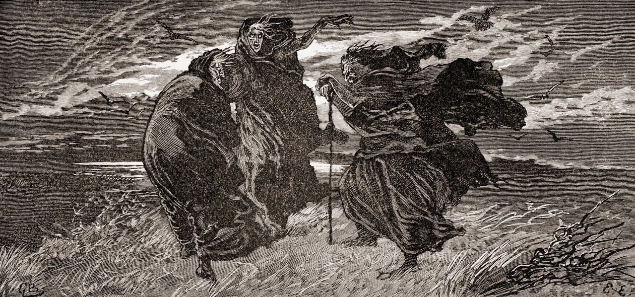 Una escena de la obra de William Shakespeare Macbeth, Acto I, Escena I, Primera Bruja: ¿Cuándo nos volveremos a encontrar las tres, en trueno, relámpago o en lluvia?, de Las Obras de William Shakespeare, publicado 1896 de Gordon Frederick Browne