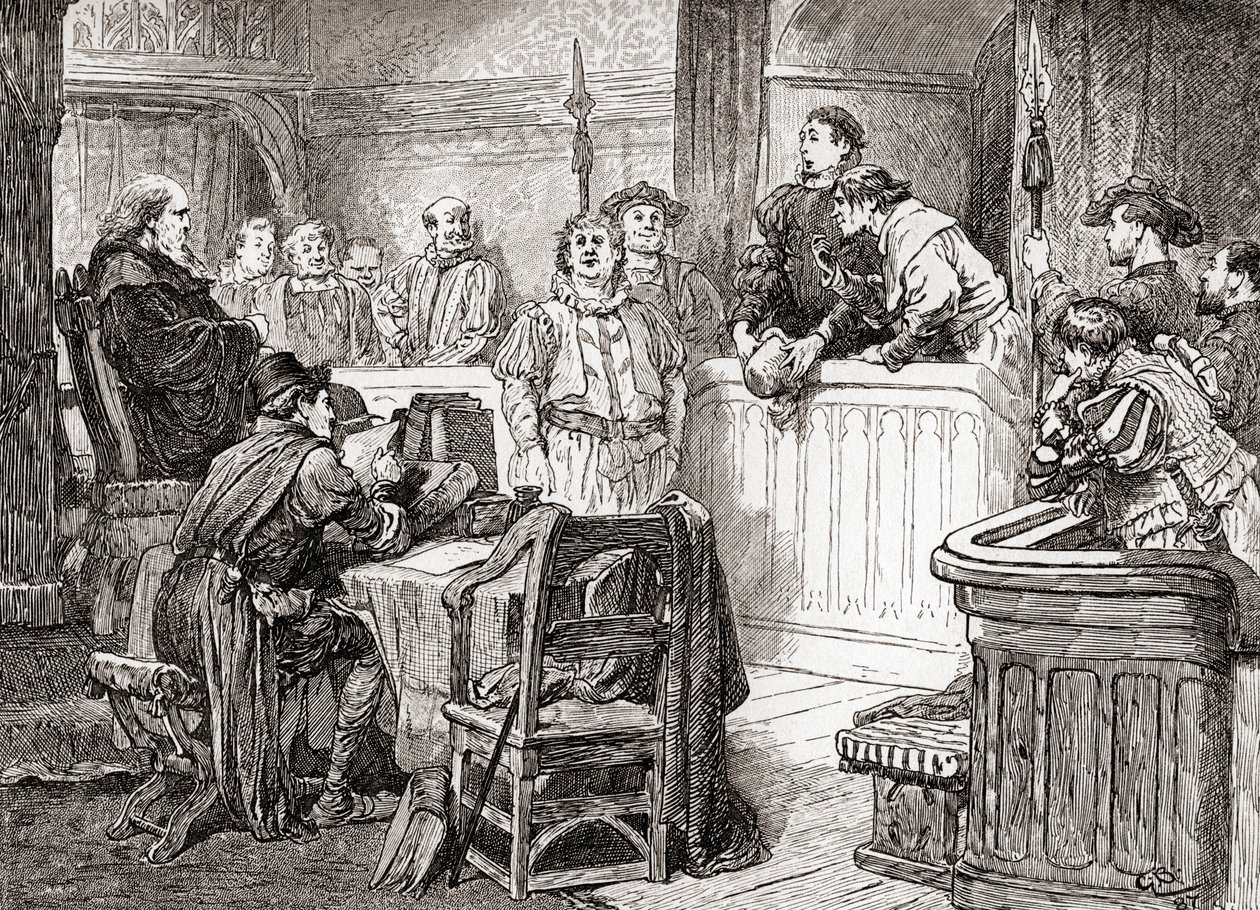 Una escena de la obra de William Shakespeare Medida por Medida, Acto II, Escena 1, Pompeyo Bum: ¿Ve su honor algún daño en su rostro?, de Las Obras de William Shakespeare, publicado 1896 de Gordon Frederick Browne