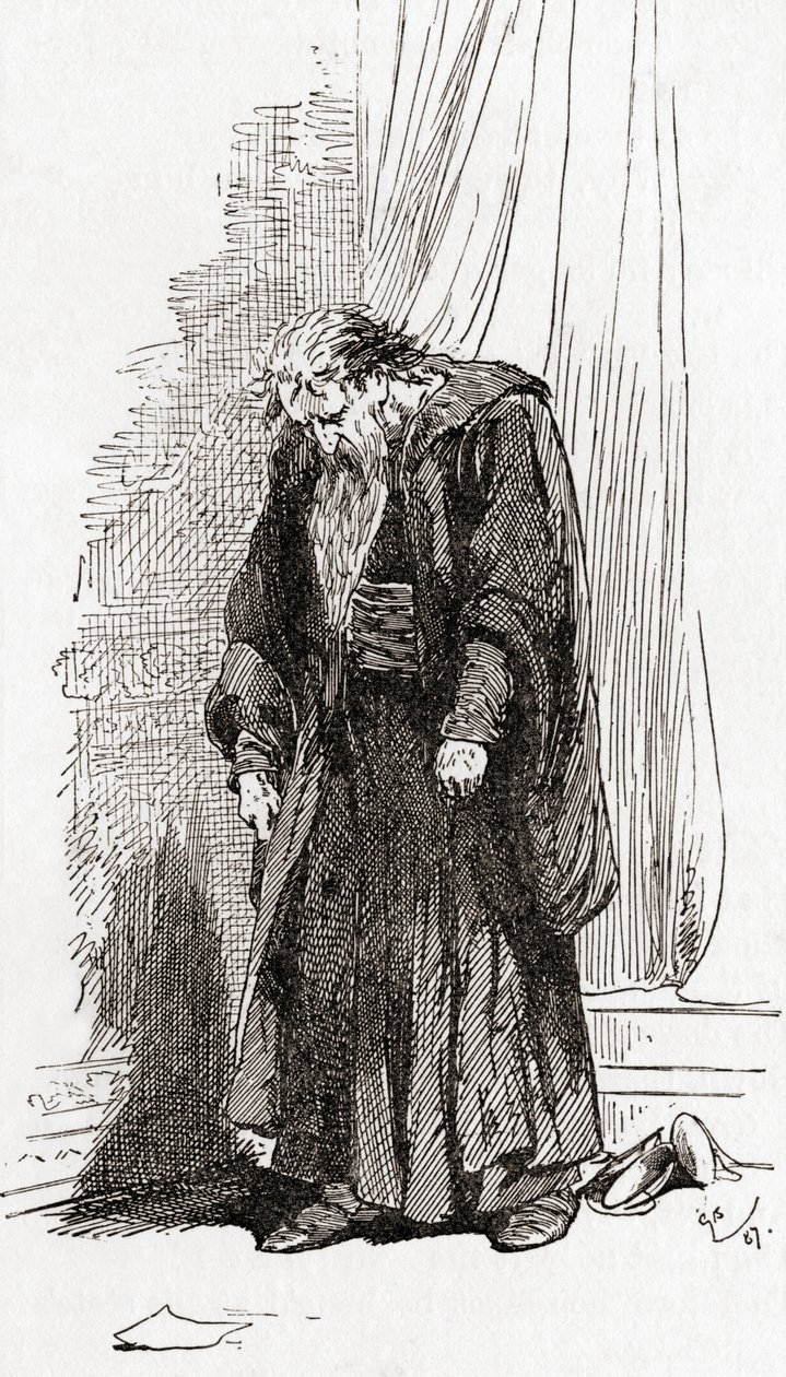 Una escena de la obra de William Shakespeare El Mercader de Venecia, Acto IV, Escena 1, Shylock: Les ruego, déjenme irme de aquí. No me siento bien, de Las Obras de William Shakespeare, publicado 1896 de Gordon Frederick Browne
