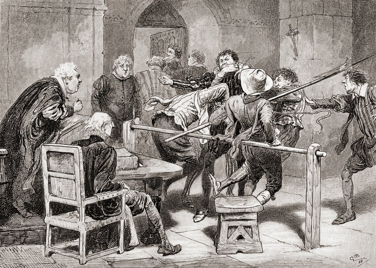 Una escena de la obra de William Shakespeare Mucho Ruido y Pocas Nueces, Acto IV, Escena 2, Dogberry: ¿No sospechas mi lugar? ¿No sospechas mis años?, de Las Obras de William Shakespeare de Gordon Frederick Browne