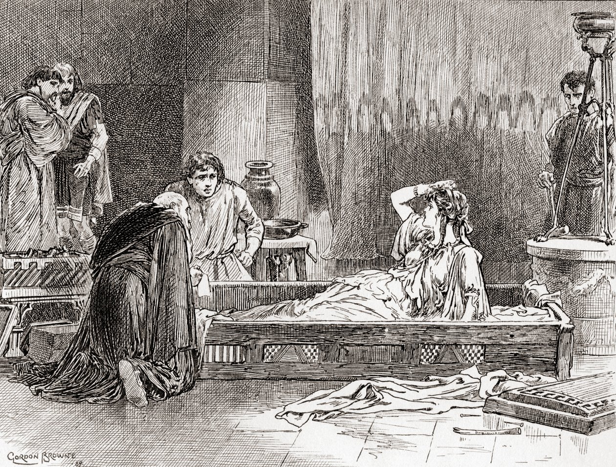 Una escena de la obra de William Shakespeare Pericles, Príncipe de Tiro, Acto III, Escena 2, Thaisa: Oh, querida Diana, ¿dónde estoy? ¿Dónde está mi señor? ¿Qué mundo es este?, de Las Obras de William Shakespeare de Gordon Frederick Browne