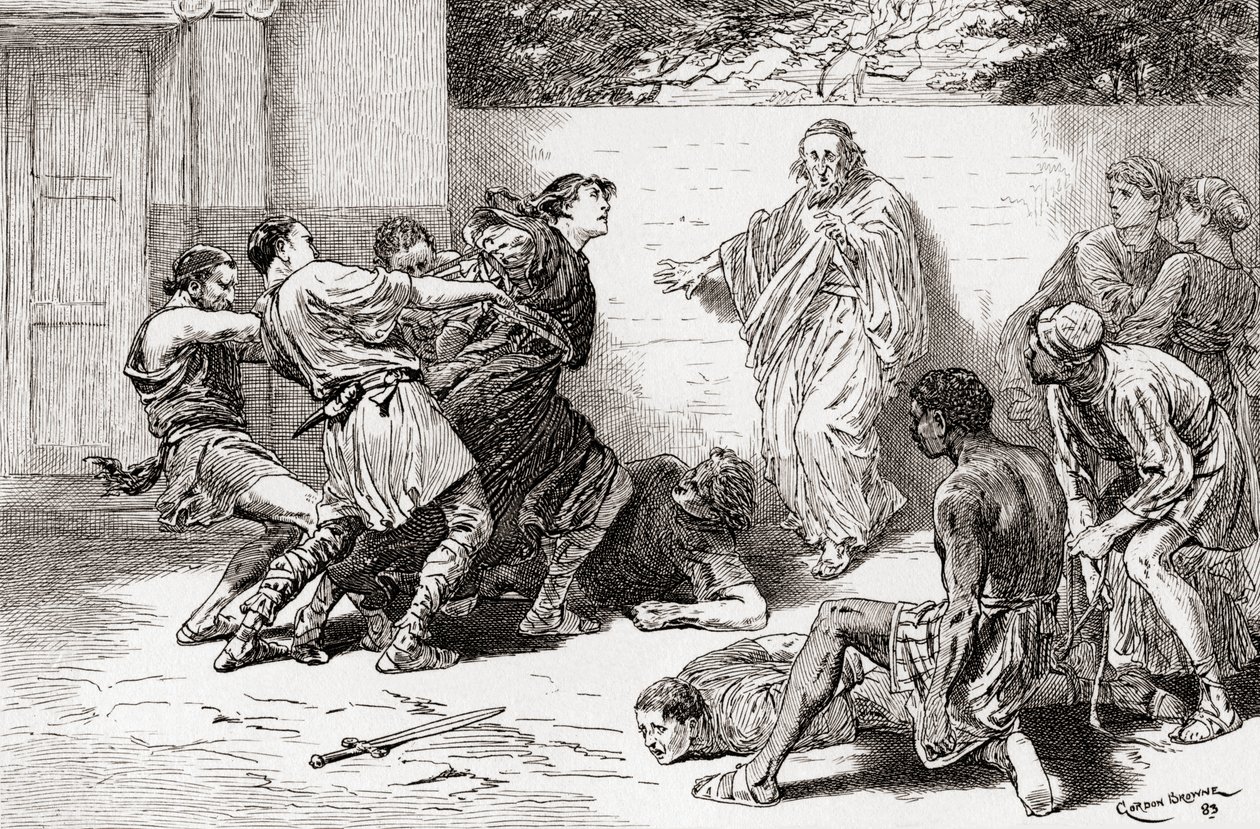 Una escena de la obra de William Shakespeare La comedia de los errores, Acto V, Escena 4, Adriana: Oh, atájenlo, atájenlo, no lo dejen acercarse a mí. Pinch: Más compañía, el demonio es fuerte en él, de Las obras de William Shakespeare de Gordon Frederick Browne