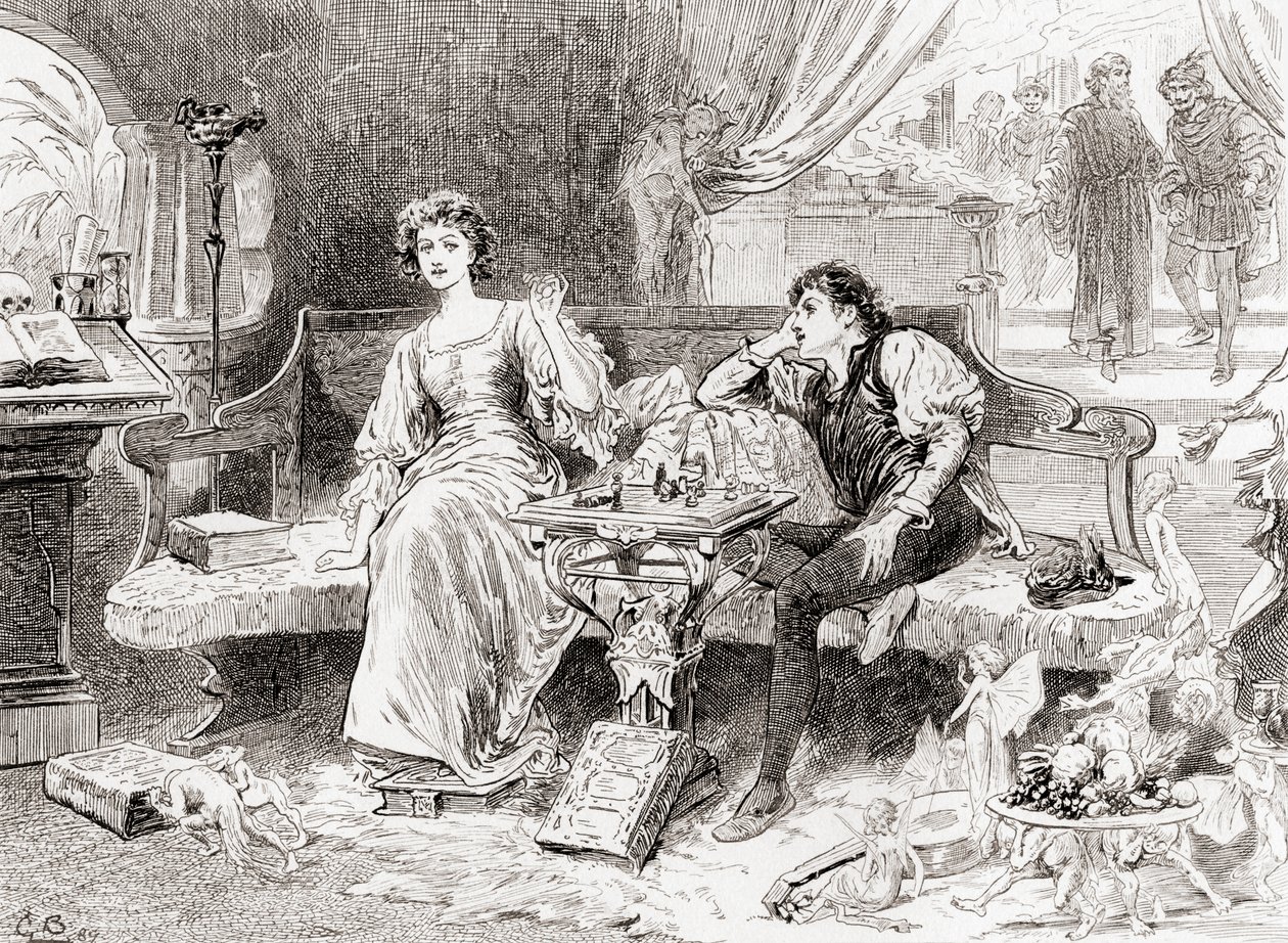 Una escena de la obra de William Shakespeare La Tempestad, Acto V, Escena 1, Miranda: Dulce Señor, me engañas, de Las Obras de William Shakespeare, publicado 1896 de Gordon Frederick Browne