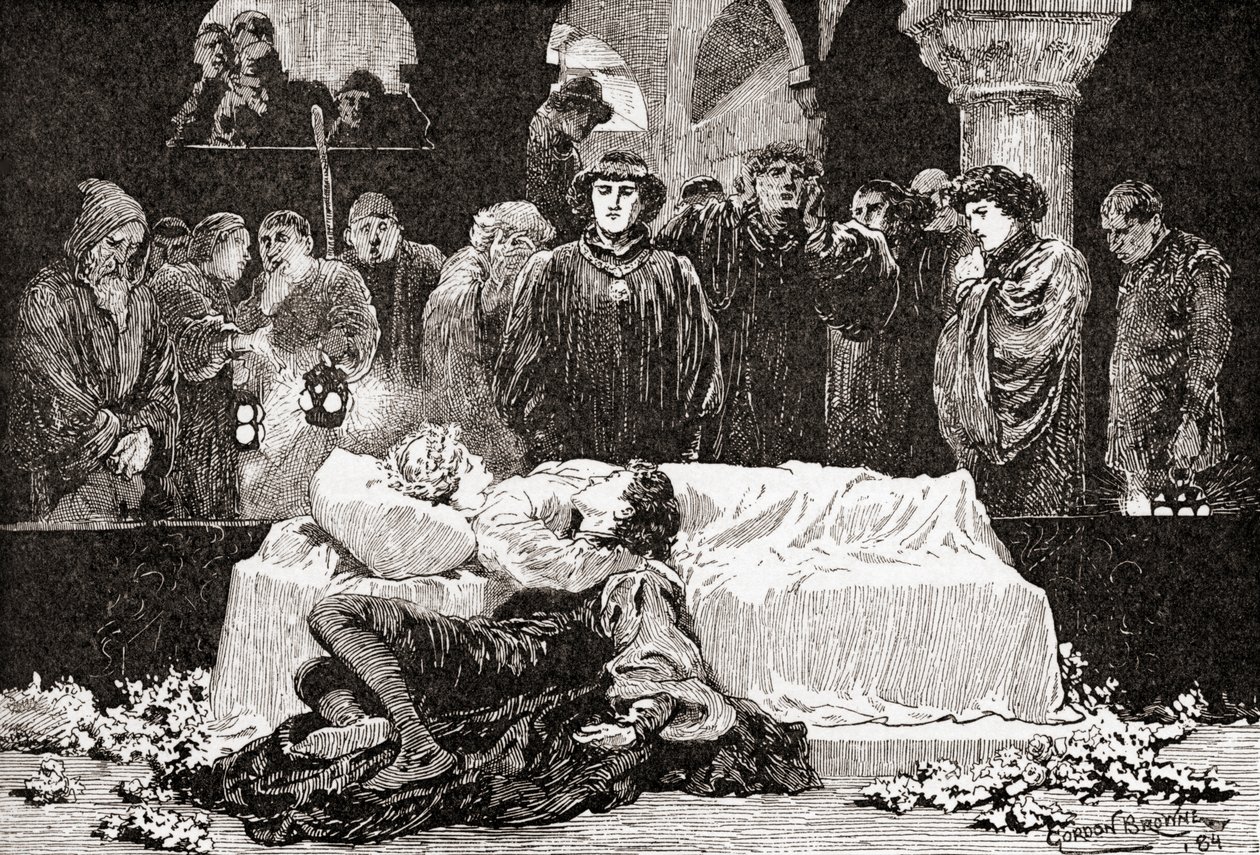 Príncipe: Nunca hubo una historia de más dolor que esta de Julieta y su Romeo, Una escena de la obra de William Shakespeare Romeo y Julieta, Acto V, Escena 3, de Las Obras de William Shakespeare, publicado 1896 de Gordon Frederick Browne