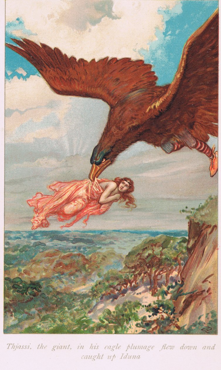 Thjassi, el gigante en su plumaje de águila, voló y atrapó a Iduna, ilustración de 