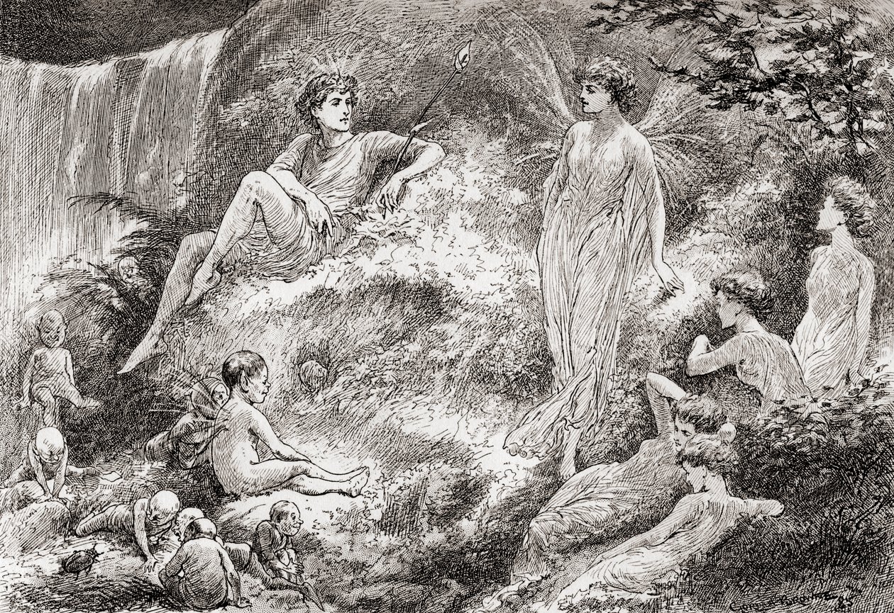 Titania: Tranquiliza tu corazón: La tierra de las hadas no compra al niño de mí, Escena de Sueño de una Noche de Verano de William Shakespeare, Acto II, Escena 1, de Las Obras de William Shakespeare, publicado 1896 de Gordon Frederick Browne