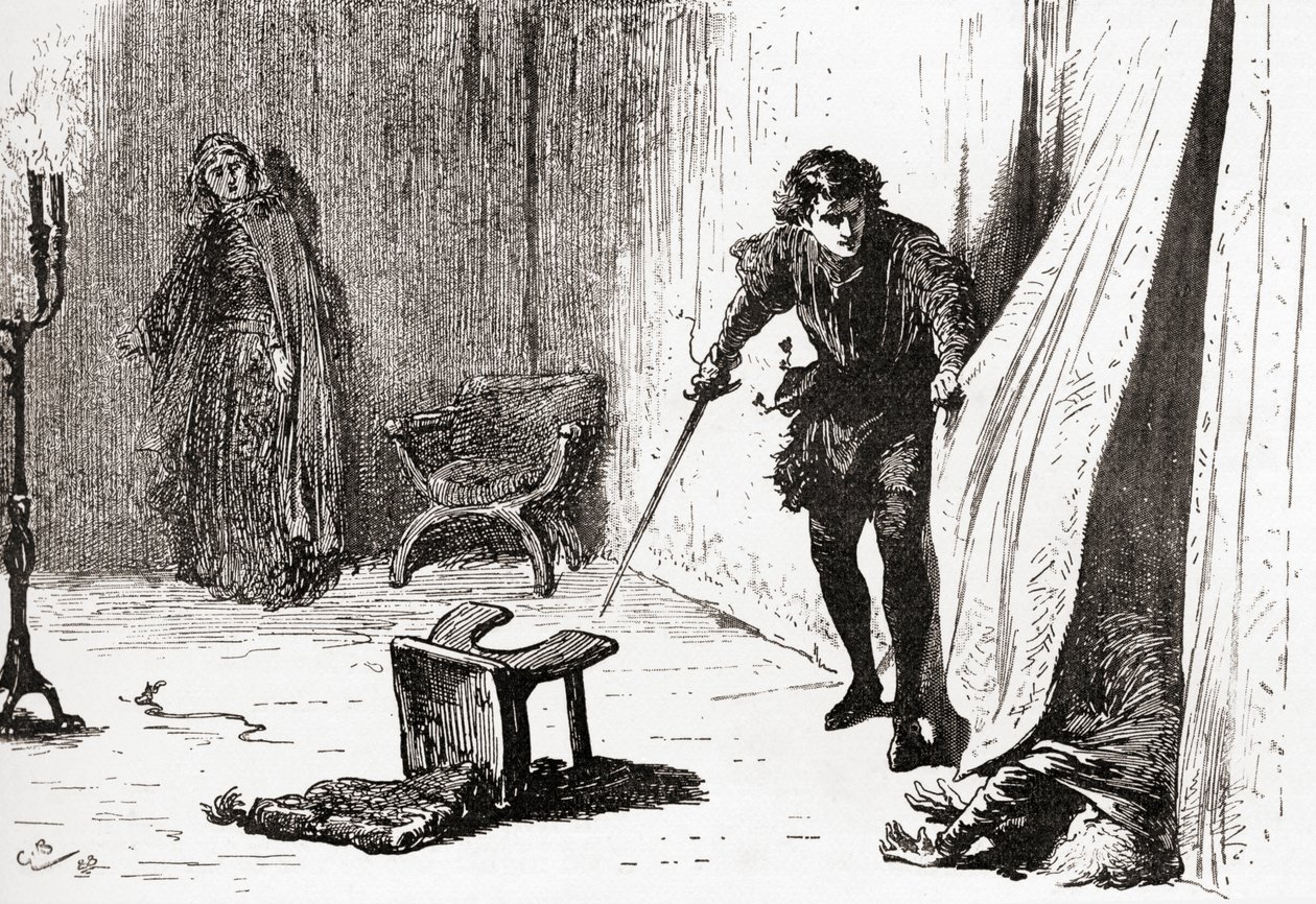 Una escena de la obra de William Shakespeare Hamlet, Acto III, Escena 4, Hamlet: ¡Desdichado, imprudente, intruso tonto, adiós! Te tomé por alguien mejor, de Las Obras de William Shakespeare, publicado 1896 de Gordon Frederick Browne