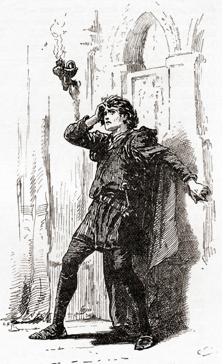 Una escena de la obra de William Shakespeare Hamlet, Acto I, Escena 5, Hamlet: ¡Recuérdame! Sí, pobre fantasma, mientras la memoria tenga un asiento en este globo distraído, de Las Obras de William Shakespeare, publicado 1896 de Gordon Frederick Browne