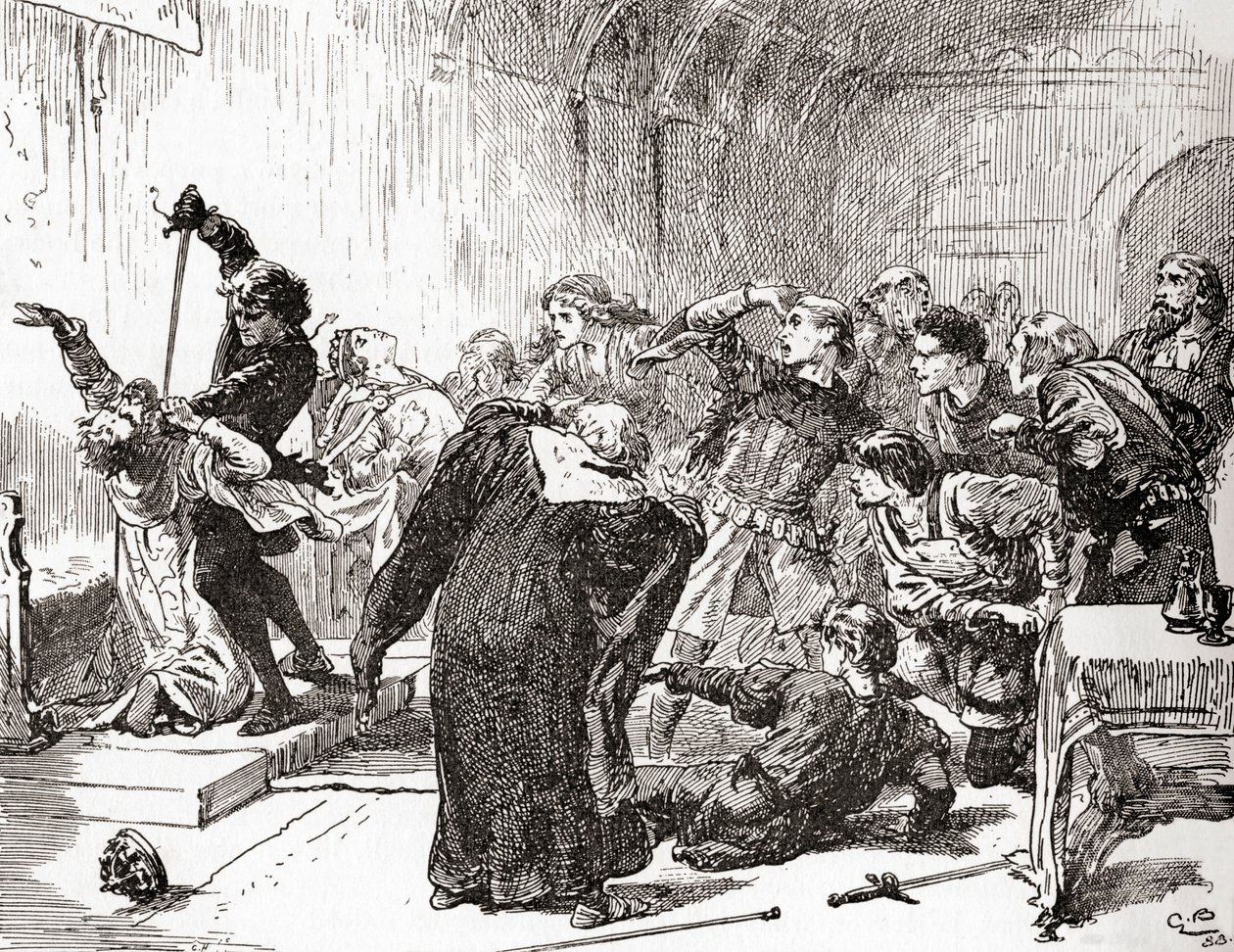 Una escena de la obra de William Shakespeare Hamlet, Acto V, Escena 2, Hamlet: ¡La punta también está envenenada! Entonces, veneno, a tu trabajo. (Apunala al rey), de Las Obras de William Shakespeare, publicado 1896 de Gordon Frederick Browne