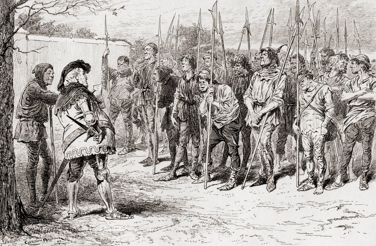Una escena de la obra de William Shakespeare Rey Enrique IV, Parte 1, Acto IV, Escena 2, El regimiento andrajoso de Falstaff, de Las Obras de William Shakespeare, publicado 1896 de Gordon Frederick Browne